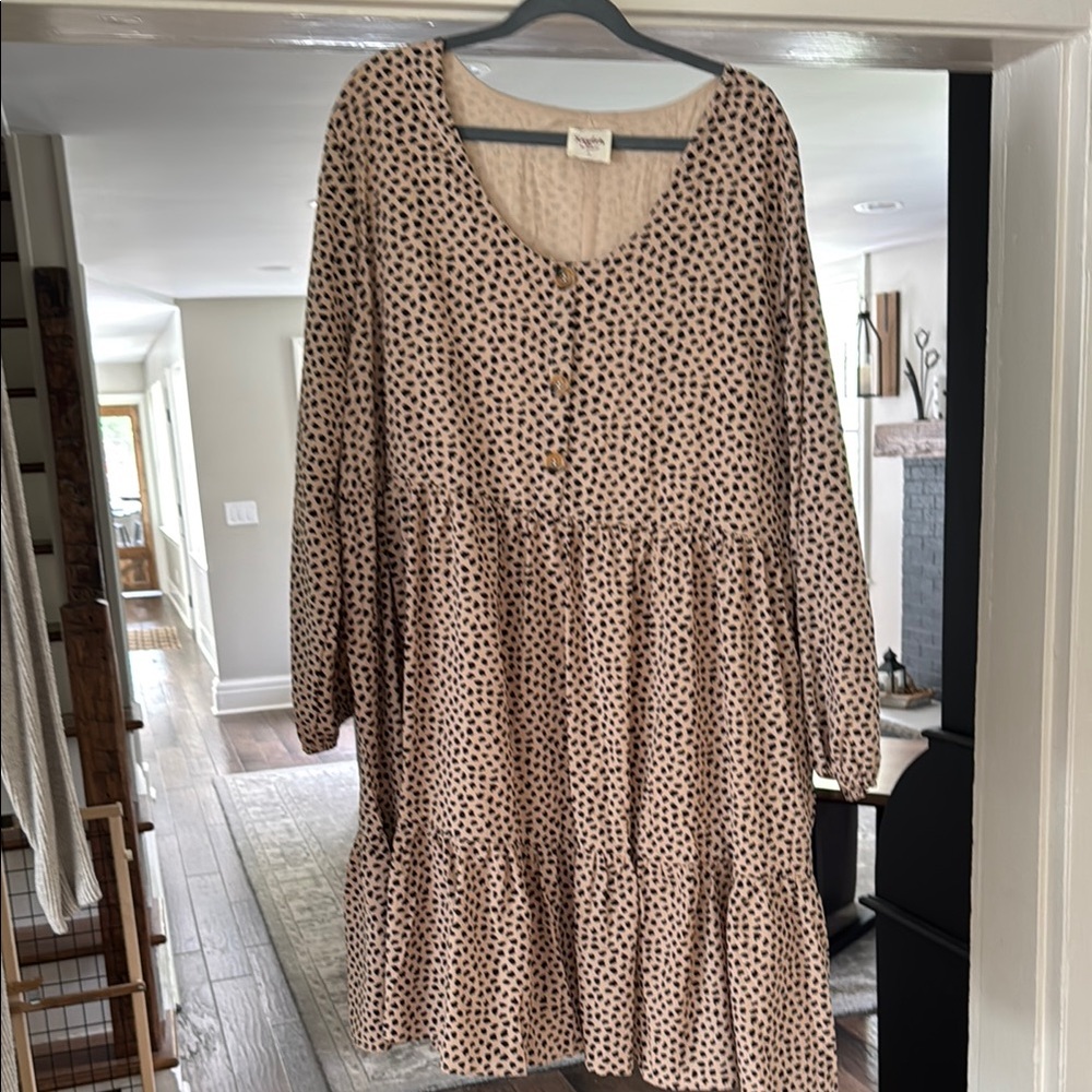 Hayden Beige Long Sleeve Tiered Mini Dress with Black Dot Print